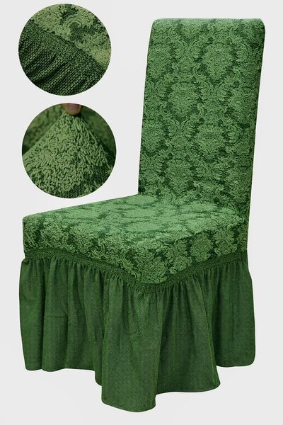 Set 6 huse elastice pentru scaune, cu volanas, model Jacquard Verde