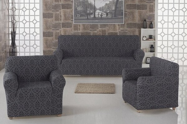 Set huse elastice pentru canapea 3 Locuri si 2 fotolii, fara volanas, model Jacquard Cenusiu