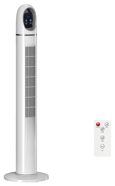HOMCOM Ventilator Vertical pentru Dormitor, Ventilator Oscilant 70°, 4 Moduri, 3 Viteze, Timer 24 Ore, Display LED și Telecomandă, 110 cm, Alb | Aosom Romania