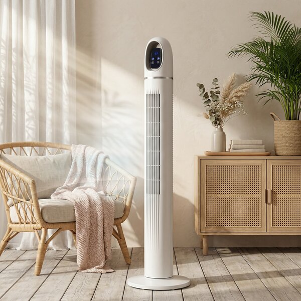 HOMCOM Ventilator Vertical pentru Dormitor, Ventilator Oscilant 70°, 4 Moduri, 3 Viteze, Timer 24 Ore, Display LED și Telecomandă, 110 cm, Alb | Aosom Romania