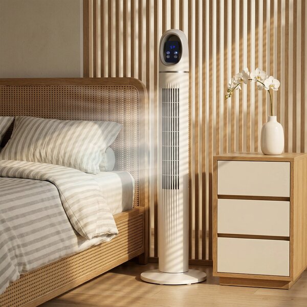 HOMCOM Ventilator Vertical pentru Dormitor, Ventilator Oscilant 70°, 4 Moduri, 3 Viteze, Timer 24 Ore, Display LED și Telecomandă, 110 cm, Alb | Aosom Romania