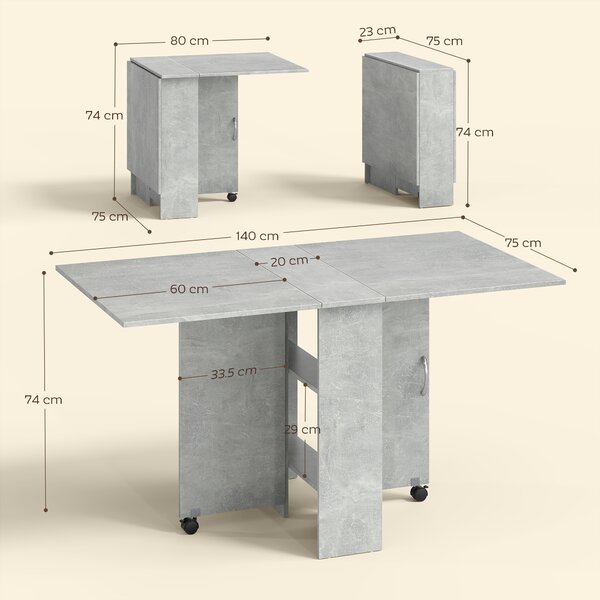 HOMCOM Masă Pliabilă din Lemn cu Roți, pentru 4-6 Persoane, 75x140x75 cm, Gri | Aosom Romania