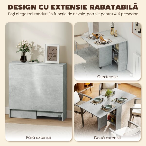 HOMCOM Masă Pliabilă din Lemn cu Roți, pentru 4-6 Persoane, 75x140x75 cm, Gri | Aosom Romania