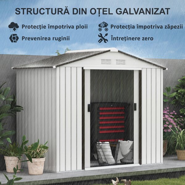 Sopron de gradina din tabla de otel, casuta de gradina cu usi glisante, pentru depozitare si organizare 213x130x185 cm, alb Outsunny | Aosom Romania
