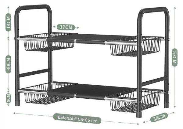 Raft metalic extensibil 55-85 cm, 4 cosuri, Negru