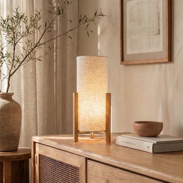 Näve Lampă de masă 3193, lemn, material textil din in, înălțime 52cm, Lemn, Camera de zi / sufragerie, Lemn, Scandinavă, Tripod