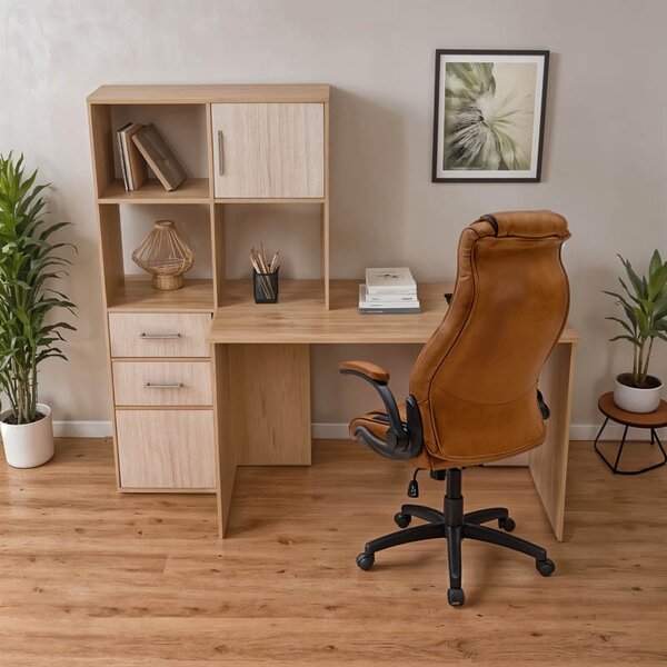 Birou cu biblioteca Scarlet, Pako World, Alb-Sonoma, 161x60x150 cm
