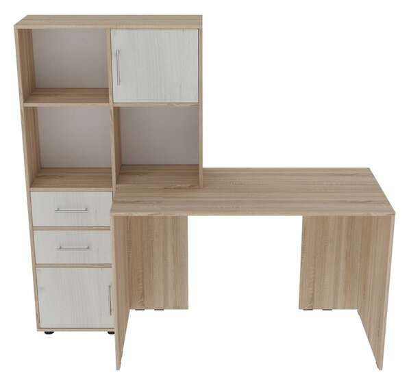Birou cu biblioteca Scarlet, Pako World, Alb-Sonoma, 161x60x150 cm