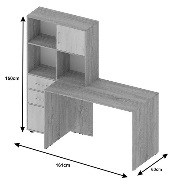 Birou cu biblioteca Scarlet, Pako World, Alb-Sonoma, 161x60x150 cm