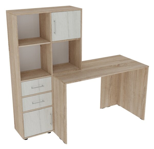 Birou cu biblioteca Scarlet, Pako World, Alb-Sonoma, 161x60x150 cm
