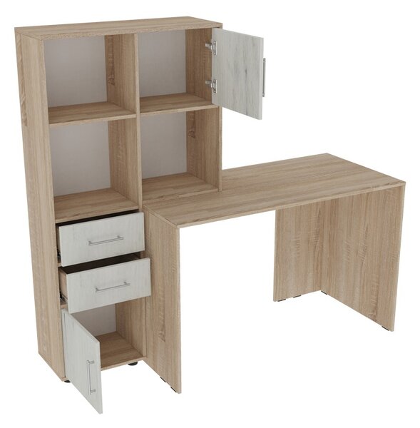 Birou cu biblioteca Scarlet, Pako World, Alb-Sonoma, 161x60x150 cm