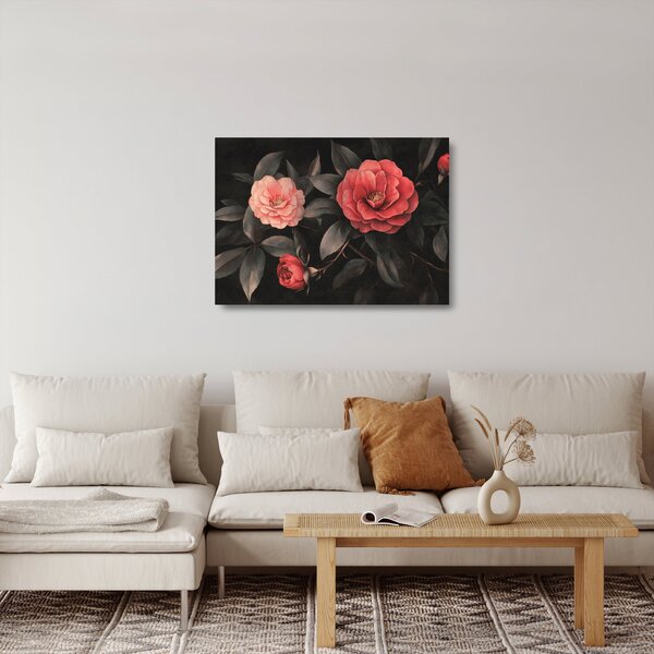 Tablou pe sticlă - Flori roșii pe fundal întunecat (70x50 cm)