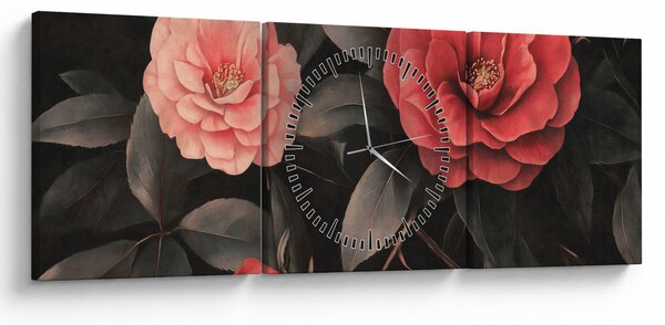 Tablou - Flori roșii pe fundal întunecat (cu ceas) (90x30 cm)