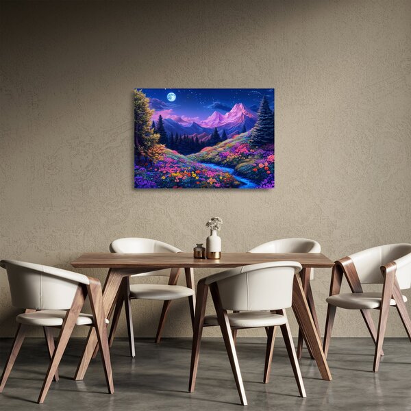 Tablou pe sticlă - Peisaj violet la lună plină (70x50 cm)