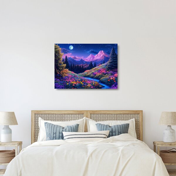 Tablou pe sticlă - Peisaj violet la lună plină (70x50 cm)