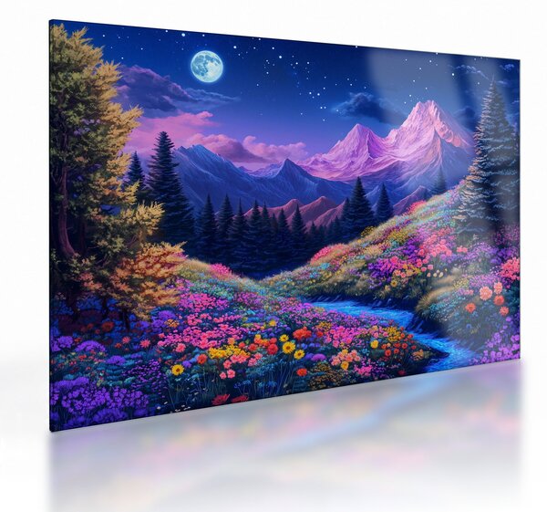 Tablou pe sticlă - Peisaj violet la lună plină (70x50 cm)