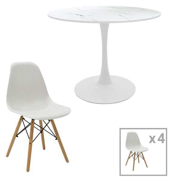 Set dining Balou I, Pako World, 5 piese, Aspect marmura, Alb, 120x75 cm