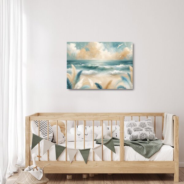 Tablou pe sticlă – Plajă pictată în culori delicate (70x50 cm)