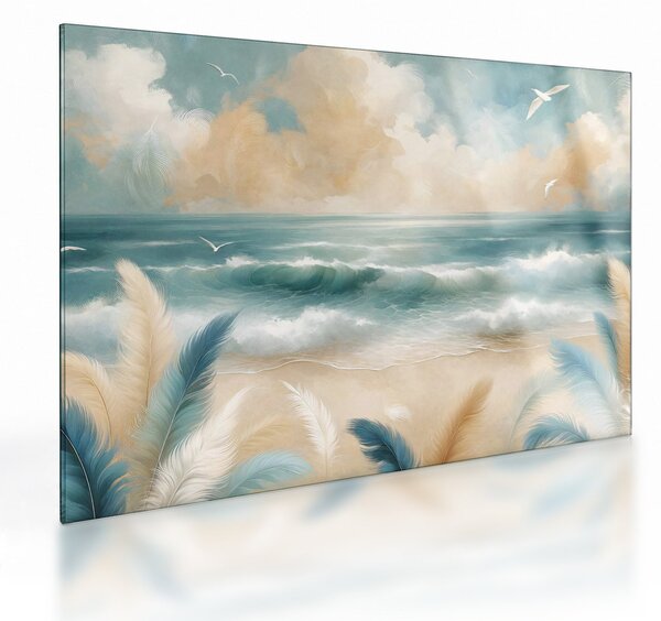 Tablou pe sticlă – Plajă pictată în culori delicate (70x50 cm)