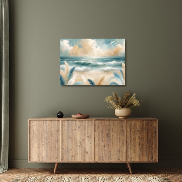Tablou pe sticlă – Plajă pictată în culori delicate (70x50 cm)