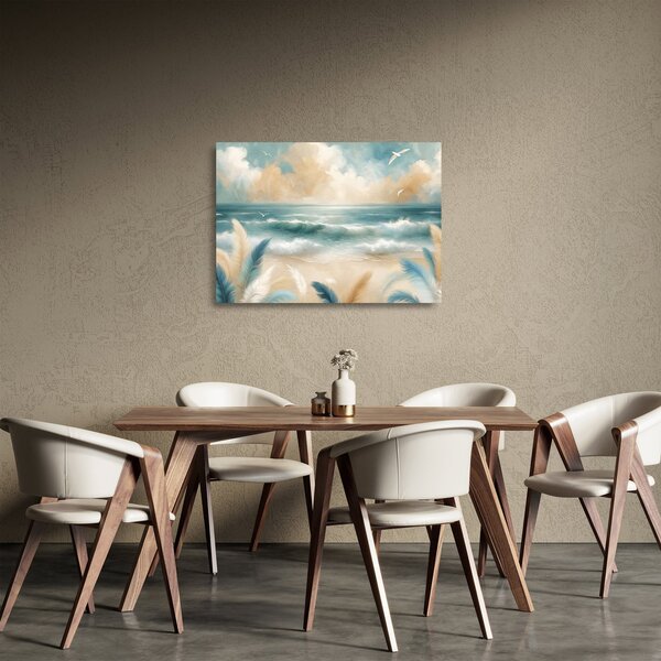 Tablou pe sticlă – Plajă pictată în culori delicate (70x50 cm)