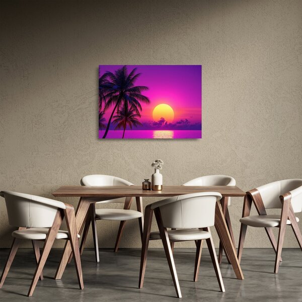 Tablou pe sticlă - Apus violet cu palmier (70x50 cm)
