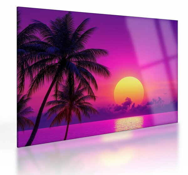 Tablou pe sticlă - Apus violet cu palmier (70x50 cm)