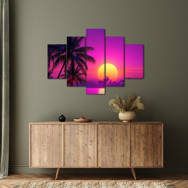 Tablou - Apus violet cu palmier (150x105 cm)
