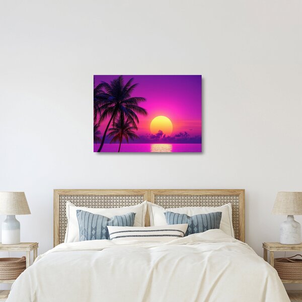 Tablou pe sticlă - Apus violet cu palmier (70x50 cm)