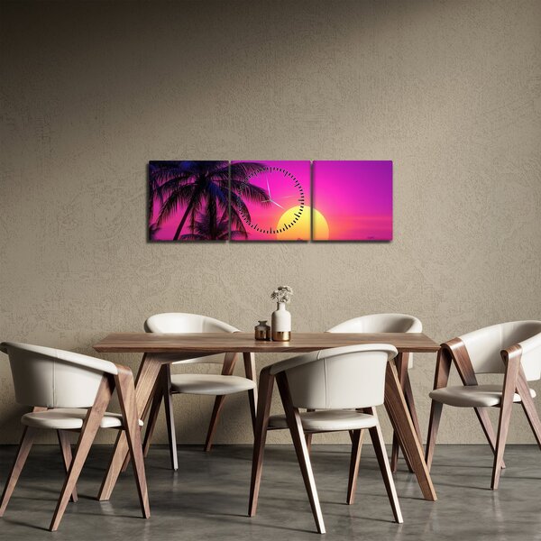 Tablou - Apus violet cu palmier (cu ceas) (90x30 cm)
