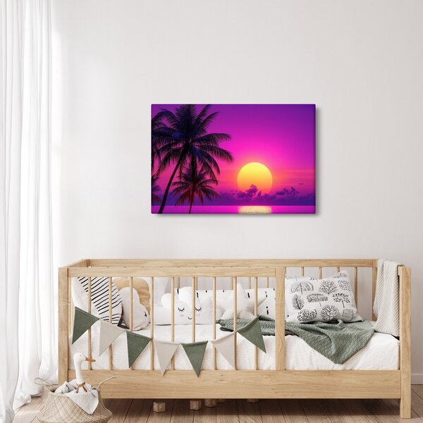 Tablou - Apus violet cu palmier (90x60 cm)