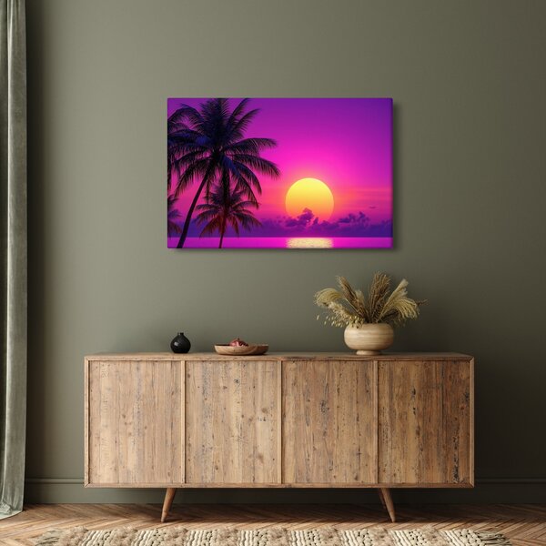 Tablou - Apus violet cu palmier (90x60 cm)