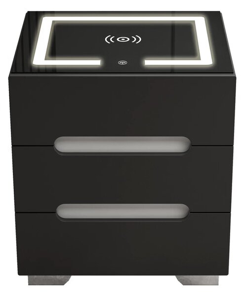 RESIGILAT- Noptieră inteligentă multifuncțională, 3 sertare, iluminare LED-uri Touch, 3 tipuri de culoare, încărcare fără fir, incarcare USB, sticla securizata, Negru
