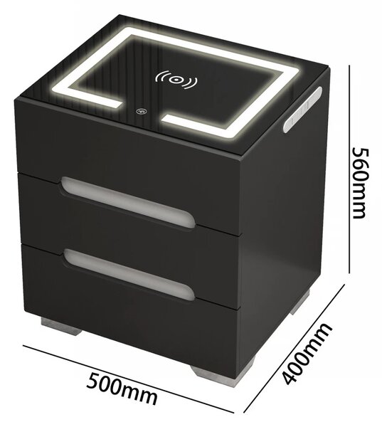 RESIGILAT- Noptieră inteligentă multifuncțională, 3 sertare, iluminare LED-uri Touch, 3 tipuri de culoare, încărcare fără fir, incarcare USB, sticla securizata, Negru