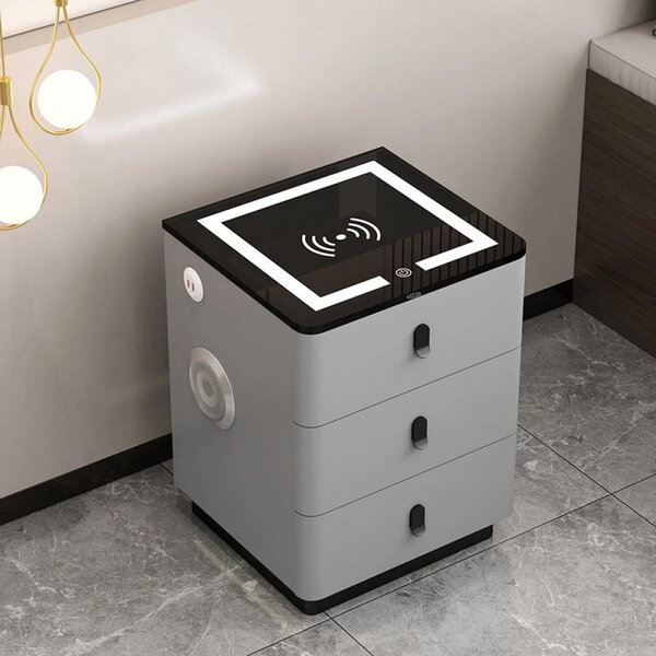 RESIGILAT- Set Margot, Masă de toaletă pentru machiaj cu oglindă iluminată LED, control touch, 6 sertare, comoda, scaun, Difuzor Bluetooth, zona încărcare fără fir, Gri, 80x40x75 cm