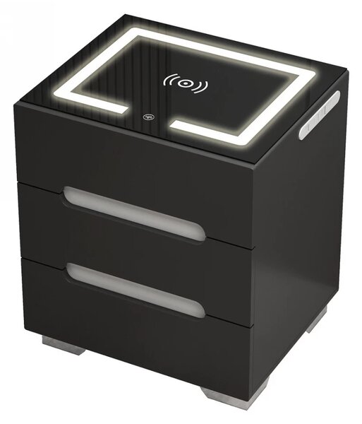 RESIGILAT- Noptieră inteligentă multifuncțională, 3 sertare, iluminare LED-uri Touch, 3 tipuri de culoare, încărcare fără fir, incarcare USB, sticla securizata, Negru