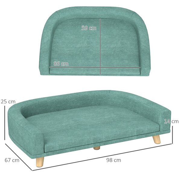 PawHut Canapea Elegantă pentru Animale de Companie, Pat Înălțat cu Pernă Moale, Cadru din Lemn, Verde, 98x67x25cm | Aosom Romania