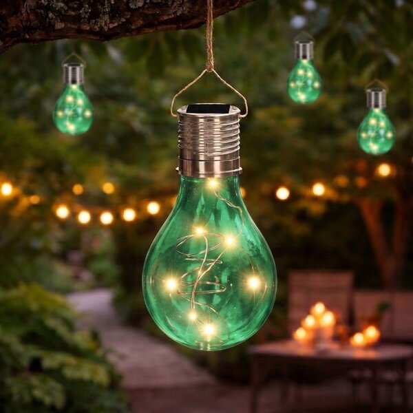 Lampă solară în formă de bec verde transparent, LED, pentru grădină, terasă și exterior