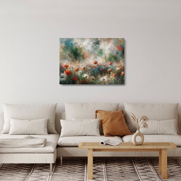 Tablou pe sticlă – Abstracție de câmp cu maci (70x50 cm)