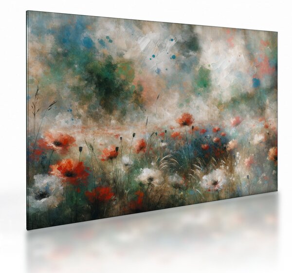 Tablou pe sticlă – Abstracție de câmp cu maci (70x50 cm)