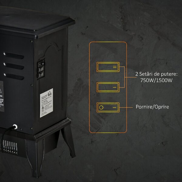 HOMCOM Șemineu Electric Portabil 1000W/2000W din ABS și Sticlă Negru | Aosom Romania