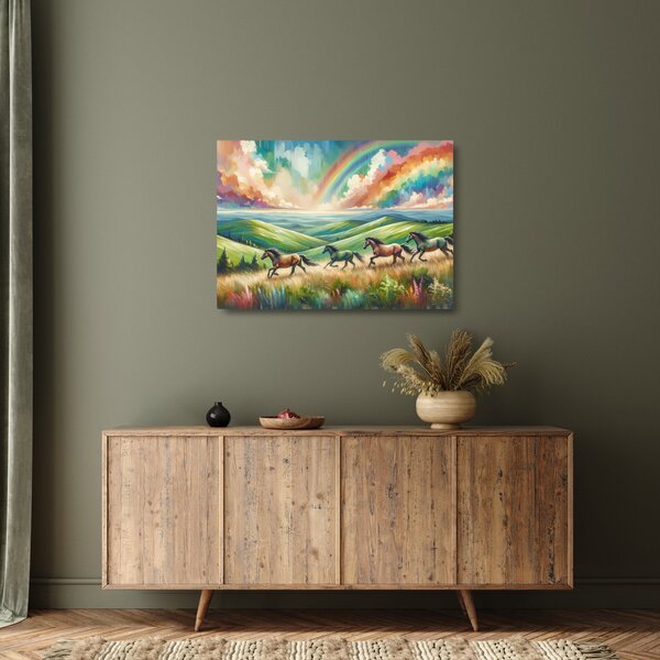 Tablou pe sticlă – Cai galopând prin peisaj (70x50 cm)