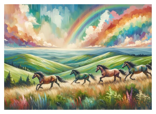 Tablou pe sticlă – Cai galopând prin peisaj (70x50 cm)