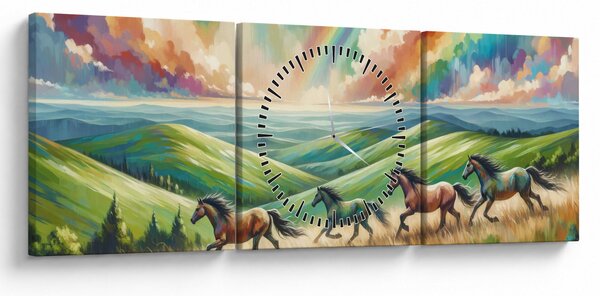 Tablou – Cai galopând prin peisaj (cu ceas) (90x30 cm)