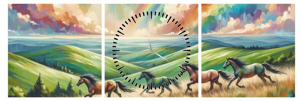 Tablou – Cai galopând prin peisaj (cu ceas) (90x30 cm)