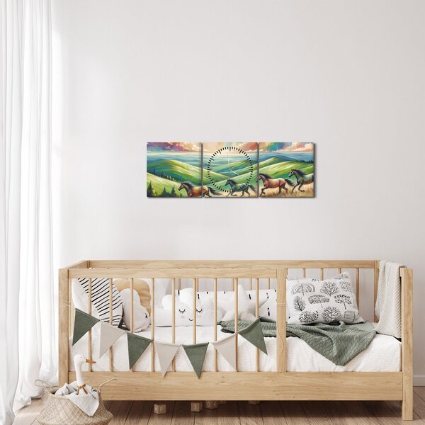 Tablou – Cai galopând prin peisaj (cu ceas) (90x30 cm)