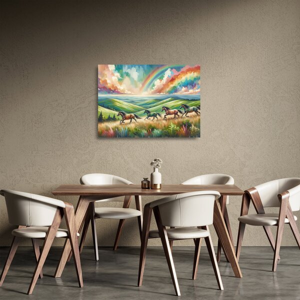 Tablou pe sticlă – Cai galopând prin peisaj (70x50 cm)