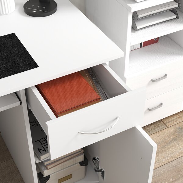 HOMCOM Birou pentru PC, Ergonomic, cu Rafturi, Dulap, Sertar și Suport pentru Tastatură Extensibilă, 120x60x74 cm, Alb | Aosom Romania