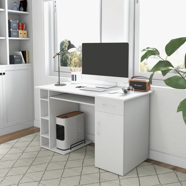 HOMCOM Birou pentru PC, Ergonomic, cu Rafturi, Dulap, Sertar și Suport pentru Tastatură Extensibilă, 120x60x74 cm, Alb | Aosom Romania