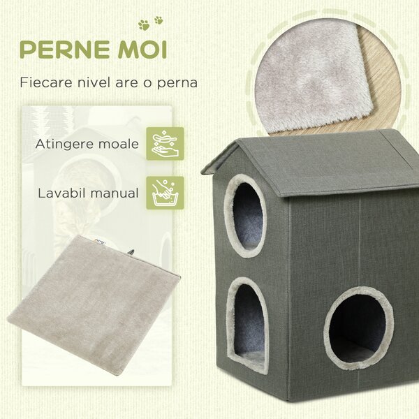 PawHut Ansamblu de Joacă Dublu Nivel pentru Pisici cu Perne Moi Lavabile, Centru de Activități, Bej | Aosom Romania